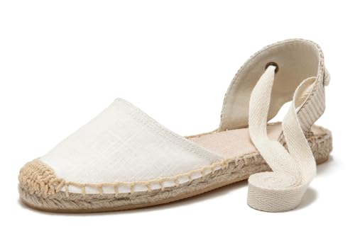 U-lite Flache Espadrille-Sandalen für Damen, geschlossene Zehen, Knöchelbandage, klassische Schnürung, Sommer, elegante flache Schuhe, Cremeweiß, 42 EU von U-lite