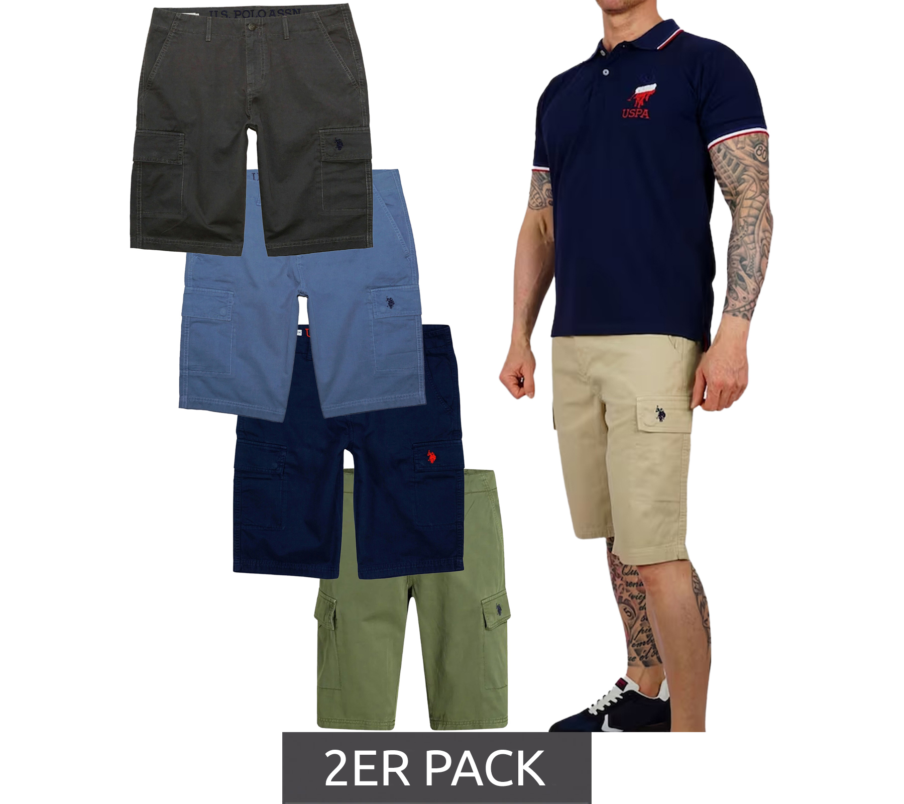 2er Pack U.S. POLO ASSN. Herren Freizeit-Cargo Shorts leichte Freizeit-Shorts mit U.S. Polo Stickerei kurze Hose 143 68147 52661 in Khaki, Blau, Beige oder Grau von U.S. POLO ASSN.