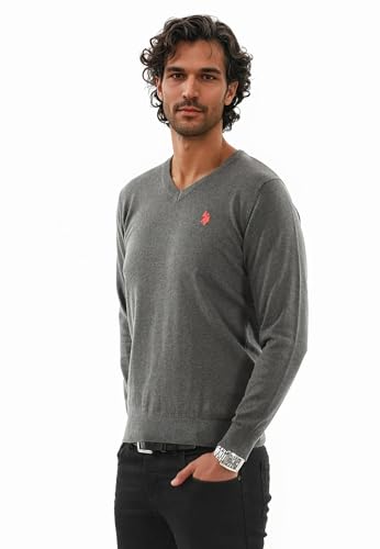 U.S. POLO ASSN. Herren Pullover (M-3XL) Classic Fit V-Neck Langarm Casual Oberteil P006 - Anthrazit-Melange-Rot Größe XL - Gr.XL von U.S. POLO ASSN.