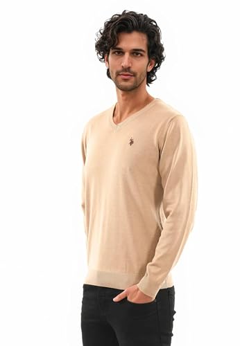 U.S. POLO ASSN. Herren Pullover (M-3XL) Classic Fit V-Neck Langarm Casual Oberteil P006 - Camel-Melange-Braun Größe L - Gr.L von U.S. POLO ASSN.