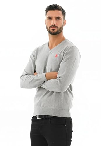 U.S. POLO ASSN. Herren Pullover (M-3XL) Classic Fit V-Neck Langarm Casual Oberteil P006 - Grau-Melange-Navy Größe XL - Gr.XL von U.S. POLO ASSN.