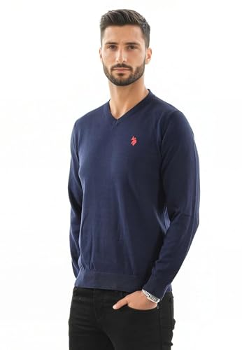 U.S. POLO ASSN. Herren Pullover (M-3XL) Classic Fit V-Neck Langarm Casual Oberteil P006 - Navy-Rot Größe 2XL - Gr.2XL von U.S. POLO ASSN.