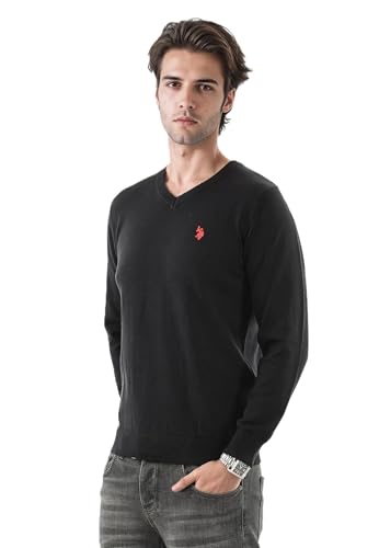 U.S. POLO ASSN. Herren Pullover (M-3XL) Classic Fit V-Neck Langarm Casual Oberteil P006 - Schwarz-Rot Größe M - Gr.M von U.S. POLO ASSN.