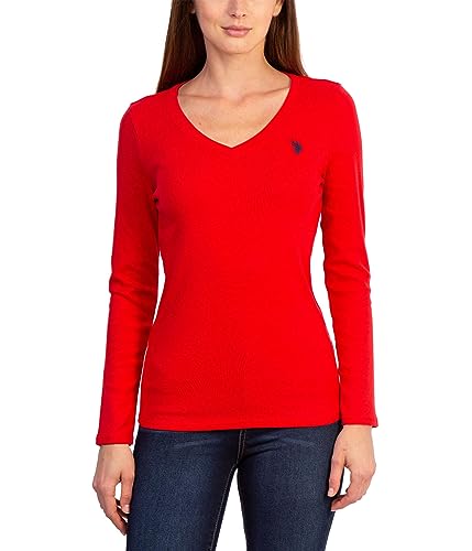 U.S. POLO ASSN. USPA Langärmeliges T-Shirt mit V-Ausschnitt, Größe L, Rot, Motor-Rot, Groß von U.S. Polo Assn.