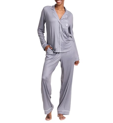 U.S. Polo Assn. Damen-Pyjama-Set mit Kerbkragen, klassischer Schlafanzug mit Knopfleiste für Damen, mit langärmeligem Oberteil und Pyjamahose, Grau meliert, M von U.S. POLO ASSN.
