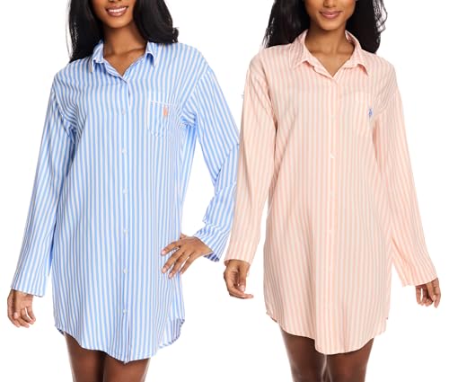 U.S. Polo Assn. Damen-Schlafhemden, 2er-Pack, Nachthemden mit Knöpfen für Damen, Nachtwäsche, 2er-Pack Vista Blue, L von U.S. POLO ASSN.