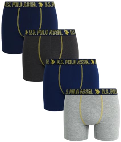 U.S. Polo Assn. Herren-Boxershorts, feuchtigkeitsableitend, 4er-Pack, mit Konturbeutel (S-XL), Heather Grey/Blue Depths/Charcoal/Blue, X-Large von U.S. Polo Assn.