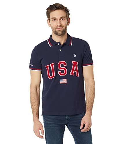 U.S. POLO ASSN. Slim Fit USA Applique Flag Print Knit Polo Shirt, Klassisches Marineblau, Mittel von U.S. Polo Assn.