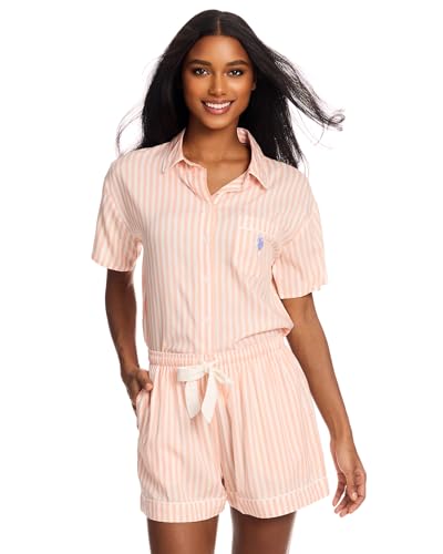 U.S. Polo Assn. Sommer-Pyjama für Damen, gewebtes Pyjama-Set mit Knopfleiste und Shorts, Lounge-Sets für Damen, Pfirsich, XL von U.S. Polo Assn.