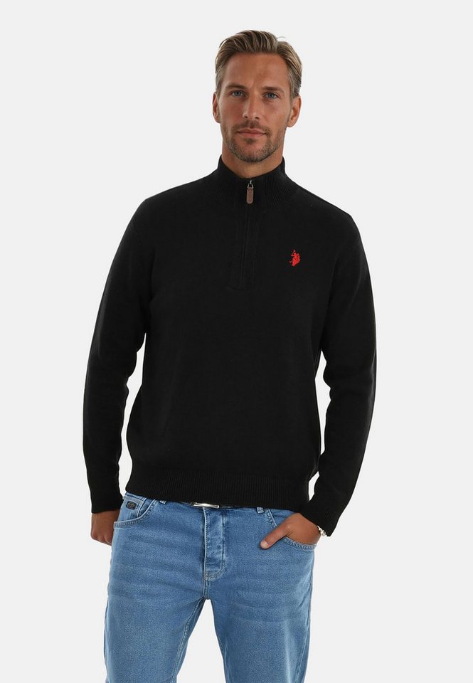 U.S. Polo Assn. Stehkragenpullover U.S. POLO ASSN. Herren Pullover Troyer P-011 Schwarz-Rot - Größe S - von U.S. Polo Assn.