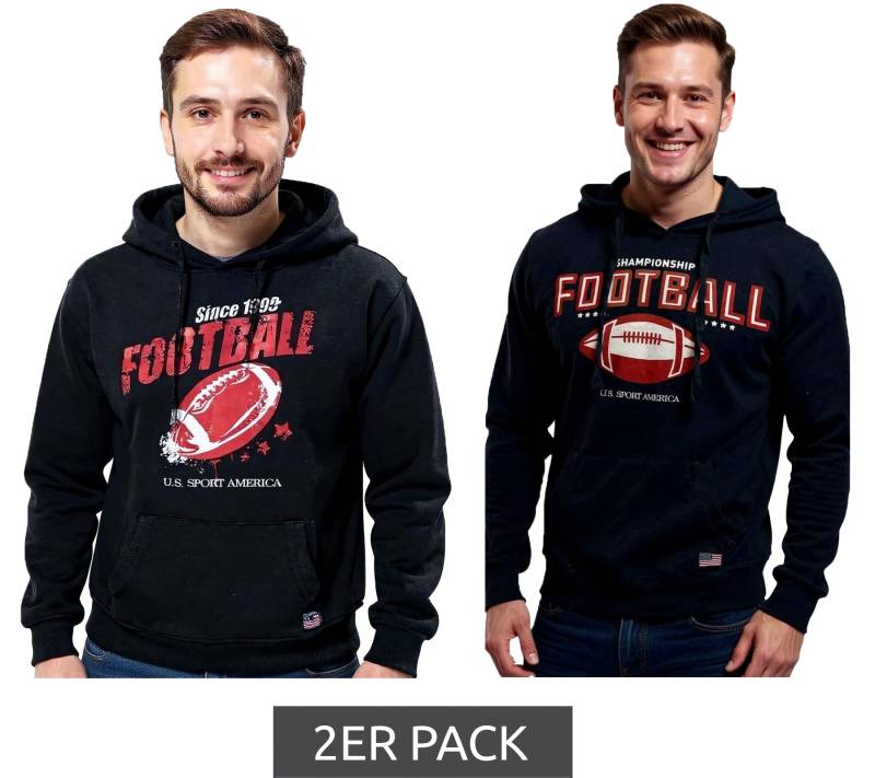 2er Sparpack U.S. SPORT AMERICA Herren Hoodie mit Kapuze und Football-Motiv Baumwoll-Pullover Freizeit-Hoody in Schwarz oder Dunkelblau von U.S. SPORT AMERICA