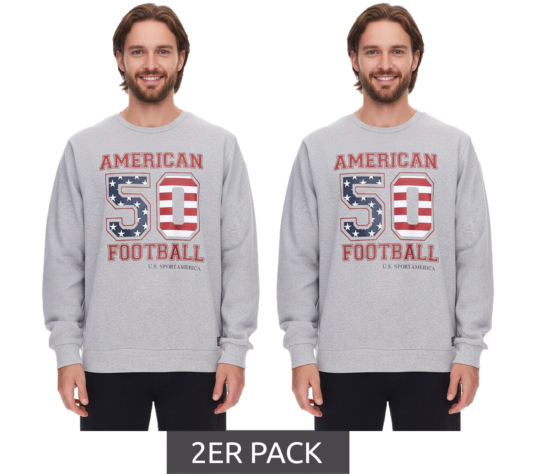 2er Sparpack U.S. SPORT AMERICA Herren Sweater mit großem Schriftzug Baumwoll-Langarm-Shirt Sommer-Pullover Freizeit-Shirt Grau von U.S. SPORT AMERICA
