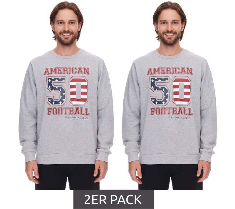 2er Sparpack U.S. SPORT AMERICA Herren Sweater mit großem Schriftzug Baumwoll-Langarm-Shirt Sommer-Pullover Freizeit-Shirt Grau von U.S. SPORT AMERICA