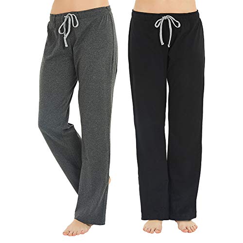 U2SKIIN 2er Pack Pyjamahosen Damen lang 100% Baumwolle Schlafhose leichte Schlafanzughose Freizeithose Haushose (Schwarz+Dunkelgrau Mel., L) von U2SKIIN