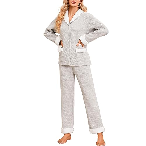 U2SKIIN Damen Schlafanzug Pyjama Schlafanzüge für Damen weich warm Pyjama Set Loungewear Nachtwäsche Langarm Button Down Pjs (Hellgrau Mel., L) von U2SKIIN