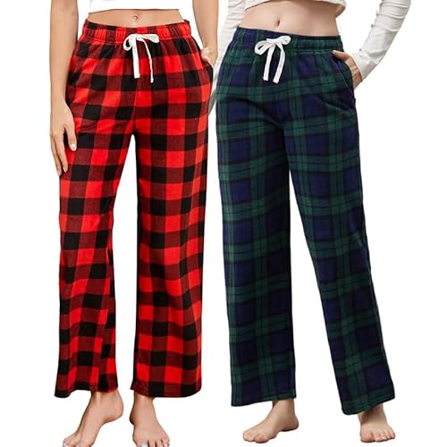 U2SKIIN Pyjamahose Damen lang kariert Schlafhose Schlafanzughosen für Damen Fleece Pyjama Hosen Nachtwäsche Freizeithose mit Taschen (Büffel Karo Rot+Blaugrün Kariert, M) von U2SKIIN