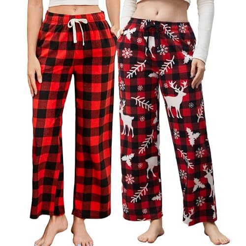 U2SKIIN Pyjamahose Damen lang kariert Schlafhose Schlafanzughosen für Damen Fleece Pyjama Hosen Nachtwäsche Freizeithose mit Taschen (Büffel Karo Rot+Büffel Karo Rot Hirsch, L) von U2SKIIN