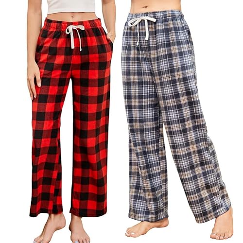 U2SKIIN Pyjamahose Damen lang kariert Schlafhose Schlafanzughosen für Damen Fleece Pyjama Hosen Nachtwäsche Freizeithose mit Taschen (Büffel Karo Rot+Grau Gelb Kariert, M) von U2SKIIN