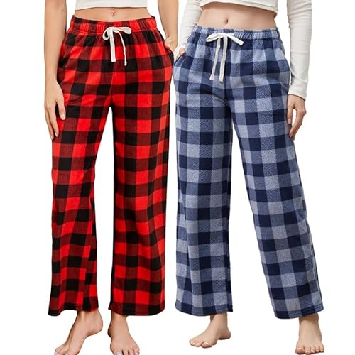 U2SKIIN Pyjamahose Damen lang kariert Schlafhose Schlafanzughosen für Damen Fleece Pyjama Hosen Nachtwäsche Freizeithose mit Taschen (Büffel Karo Rot+Marineblau Grau Kariert, S) von U2SKIIN