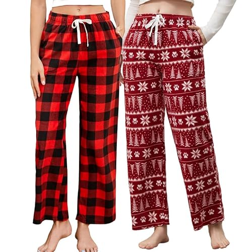 U2SKIIN Pyjamahose Damen lang kariert Schlafhose Schlafanzughosen für Damen Fleece Pyjama Hosen Nachtwäsche Freizeithose mit Taschen (Büffel Karo Rot+Weihnachtsbaum, L) von U2SKIIN