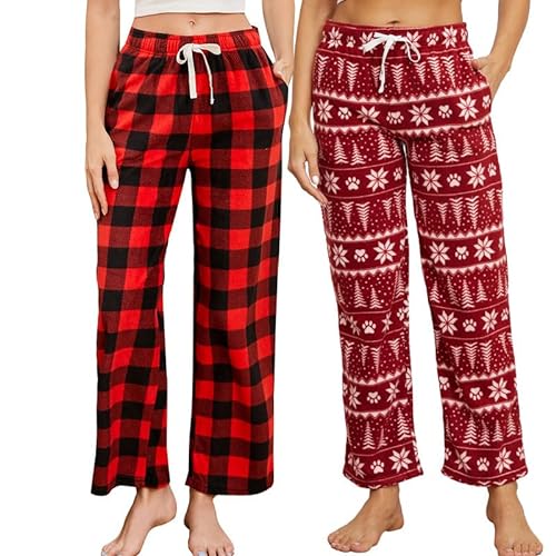U2SKIIN Pyjamahose Damen lang kariert Schlafhose Schlafanzughosen für Damen Fleece Pyjama Hosen Nachtwäsche Freizeithose mit Taschen (Büffel Karo Rot+Weihnachtsbaum, XL) von U2SKIIN