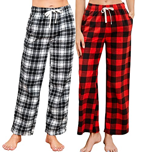 U2SKIIN Pyjamahose Damen lang kariert Schlafhose Schlafanzughosen für Damen Fleece Pyjama Hosen Nachtwäsche Freizeithose mit Taschen (Büffel Karo Rot+Weiß Schwarz Kariert, S) von U2SKIIN