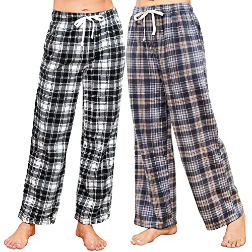 U2SKIIN Pyjamahose Damen lang kariert Schlafhose Schlafanzughosen für Damen Fleece Pyjama Hosen Nachtwäsche Freizeithose mit Taschen (Grau Gelb Kariert+Weiß Schwarz Kariert, S) von U2SKIIN