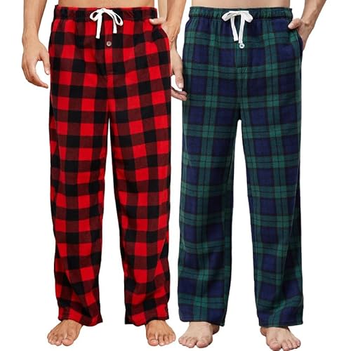 U2SKIIN Pyjamahose Herren lang kariert Schlafhose Schlafanzughosen für Herren Fleece Pyjama Hosen Nachtwäsche Freizeithose mit Taschen (Büffel Karo Rot+Blaugrün Kariert, XL) von U2SKIIN