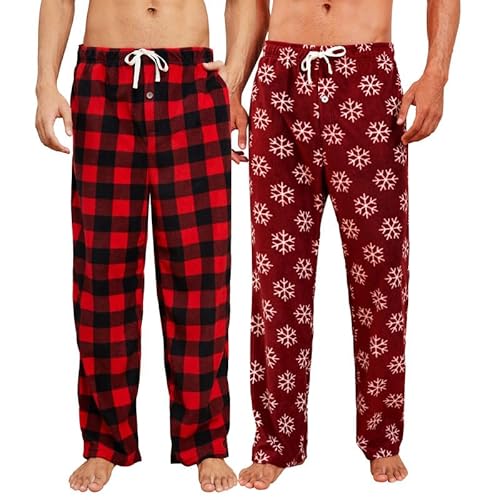 U2SKIIN Pyjamahose Herren lang kariert Schlafhose Schlafanzughosen für Herren Fleece Pyjama Hosen Nachtwäsche Freizeithose mit Taschen (Büffel Karo Rot+Burgunderrot-Schnee, M) von U2SKIIN