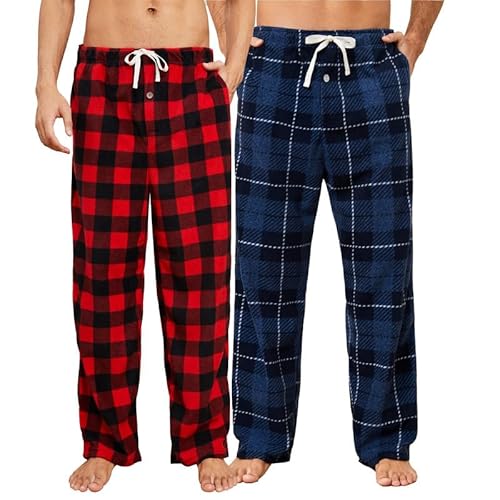 U2SKIIN Pyjamahose Herren lang kariert Schlafhose Schlafanzughosen für Herren Fleece Pyjama Hosen Nachtwäsche Freizeithose mit Taschen (Büffel Karo Rot+Dunkelblau Kariert, M) von U2SKIIN