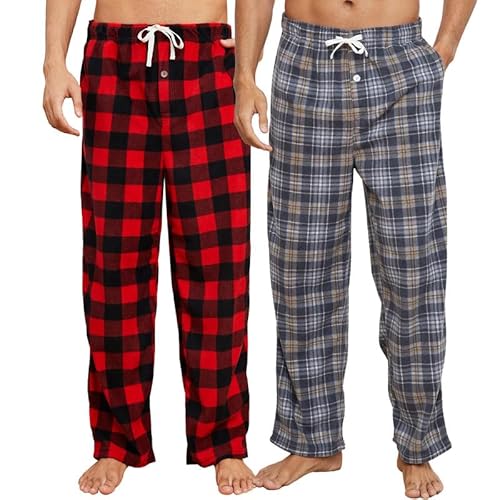 U2SKIIN Pyjamahose Herren lang kariert Schlafhose Schlafanzughosen für Herren Fleece Pyjama Hosen Nachtwäsche Freizeithose mit Taschen (Büffel Karo Rot+Grau Gelb Kariert, 2XL) von U2SKIIN