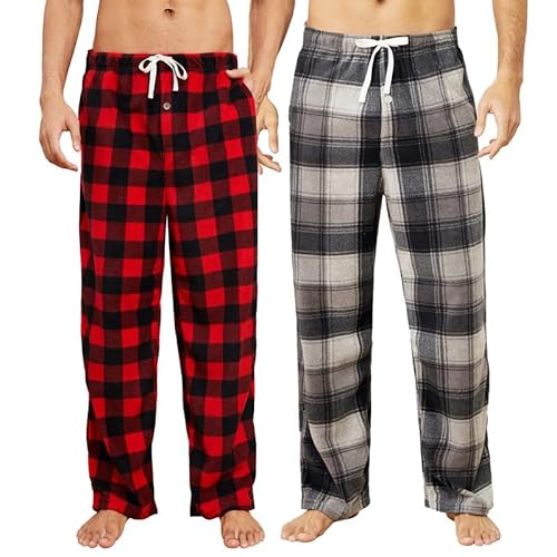U2SKIIN Pyjamahose Herren lang kariert Schlafhose Schlafanzughosen für Herren Fleece Pyjama Hosen Nachtwäsche Freizeithose mit Taschen (Büffel Karo Rot+Grau Schwarz Kariert, 2XL) von U2SKIIN
