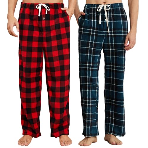 U2SKIIN Pyjamahose Herren lang kariert Schlafhose Schlafanzughosen für Herren Fleece Pyjama Hosen Nachtwäsche Freizeithose mit Taschen (Büffel Karo Rot+Marineblau Grün Kariert, L) von U2SKIIN