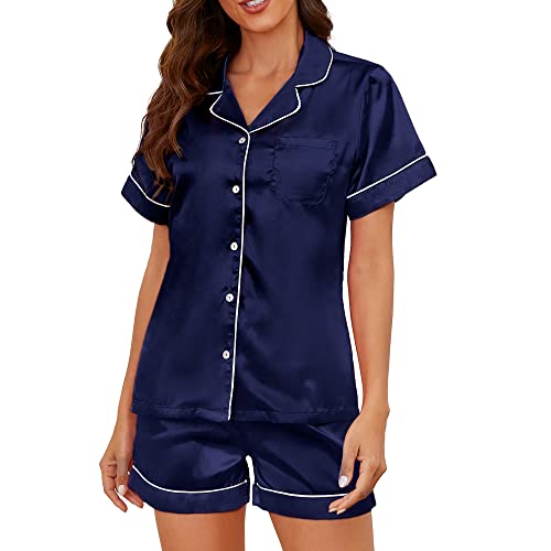 U2SKIIN Satin Pyjama Damen Kurz Set, Kurzer Schlafanzug Damen Seide Kurzarm Shorty Pyjama Set mit Knopfleiste Nachtwäsche Loungewear (Marineblau, L) von U2SKIIN