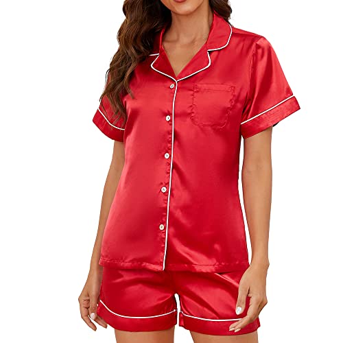 U2SKIIN Satin Pyjama Damen Kurz Set, Kurzer Schlafanzug Damen Seide Kurzarm Shorty Pyjama Set mit Knopfleiste Nachtwäsche Loungewear (Rot, M) von U2SKIIN