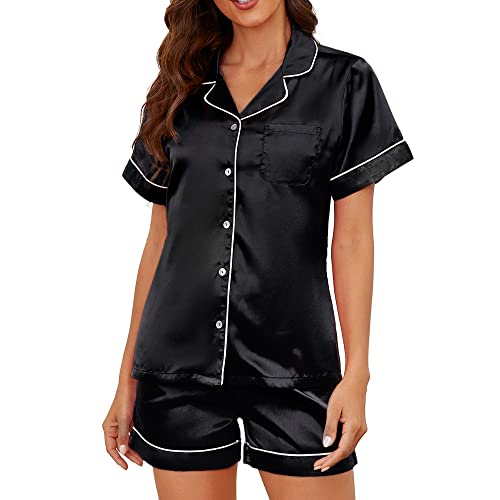 U2SKIIN Satin Pyjama Damen Kurz Set, Kurzer Schlafanzug Damen Seide Kurzarm Shorty Pyjama Set mit Knopfleiste Nachtwäsche Loungewear (Schwarz, L) von U2SKIIN