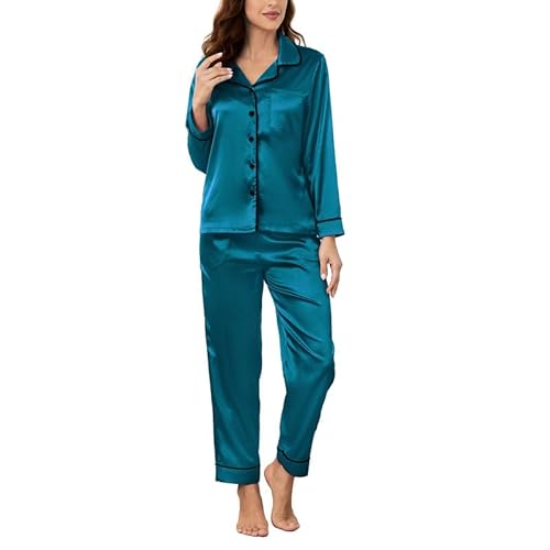 U2SKIIN Satin Pyjama Damen lang, Seiden Schlafanzug Damen Langarm Pyjama Set mit Knopfleiste Nachtwäsche Hausanzug Loungewear (Blaugrün, L) von U2SKIIN