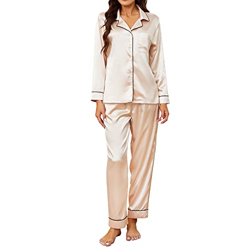 U2SKIIN Satin Pyjama Damen lang, Seiden Schlafanzug Damen Langarm Pyjama Set mit Knopfleiste Nachtwäsche Hausanzug Loungewear (Champagner, L) von U2SKIIN