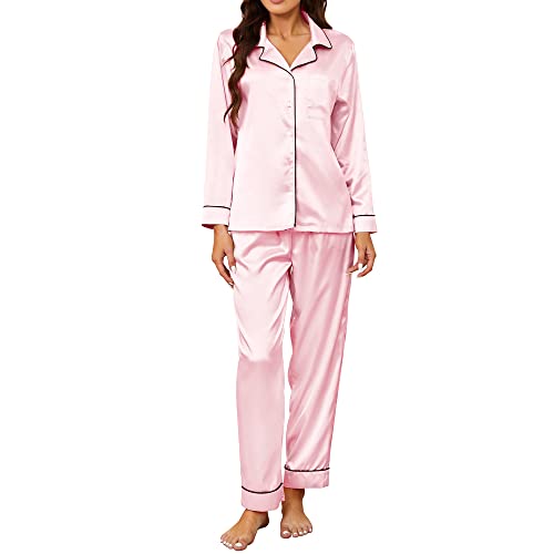 U2SKIIN Satin Pyjama Damen lang, Seiden Schlafanzug Damen Langarm Pyjama Set mit Knopfleiste Nachtwäsche Hausanzug Loungewear (Rosa, 2XL) von U2SKIIN