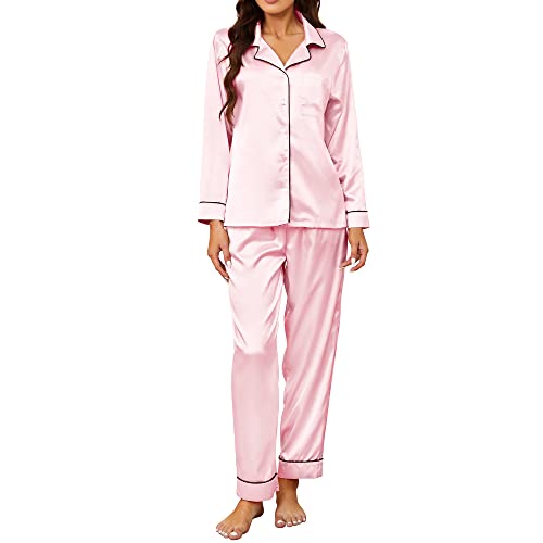 U2SKIIN Satin Pyjama Damen lang, Seiden Schlafanzug Damen Langarm Pyjama Set mit Knopfleiste Nachtwäsche Hausanzug Loungewear (Rosa, M) von U2SKIIN
