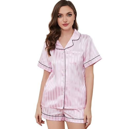 U2SKIIN Satin Schlafanzug Damen Pyjama kurz Set Knopfleiste gestreift 2er Seide Pyjama Nachtwäsche Loungewear (Hellrosa, M) von U2SKIIN