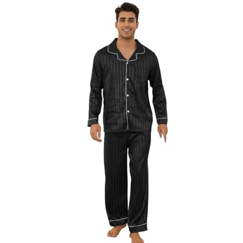 U2SKIIN Satin Schlafanzug Herren Pyjama lang Set mit Knopfleiste gestreift Zweiteiliger Seide Pyjama Nachtwäsche Loungewear (Schwarz, L) von U2SKIIN