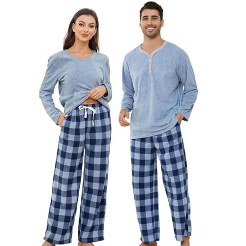 U2SKIIN Schlafanzug Damen Fleece Pyjama lang Karierte Schlafanzüge für Damen Kuschel Pyjama Set warme Nachtwäsche Loungwear (Blau Mel./Marineblau Mel. Kariert-W, XL) von U2SKIIN