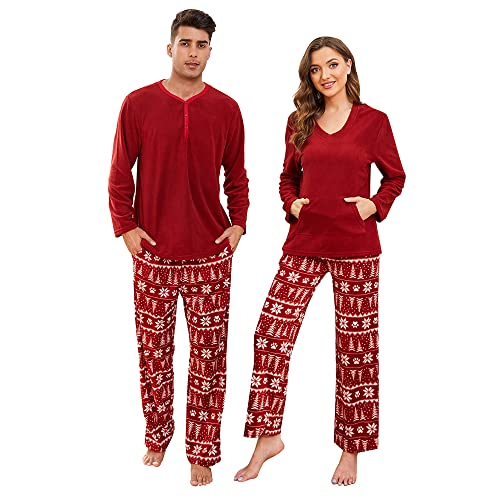 U2SKIIN Schlafanzug Damen Fleece Pyjama lang Karierte Schlafanzüge für Damen Kuschel Pyjama Set warme Nachtwäsche Loungwear (Dunkelrot/Weihnachtsbaum-W, S) von U2SKIIN