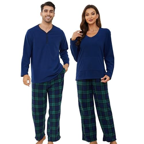 U2SKIIN Schlafanzug Damen Fleece Pyjama lang Karierte Schlafanzüge für Damen Kuschel Pyjama Set warme Nachtwäsche Loungwear (Marineblau/Blaugrün Kariert-W, S) von U2SKIIN