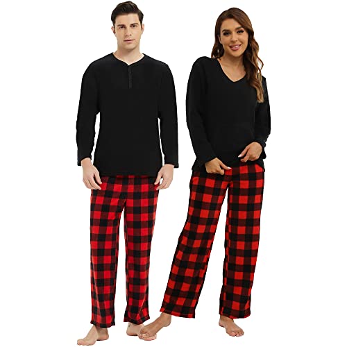 U2SKIIN Schlafanzug Damen Fleece Pyjama lang Karierte Schlafanzüge für Damen Kuschel Pyjama Set warme Nachtwäsche Loungwear (Schwarz/Büffelkaro-Rot-W, 2XL) von U2SKIIN