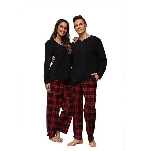 U2SKIIN Schlafanzug Damen Fleece Pyjama lang Karierte Schlafanzüge für Damen Kuschel Pyjama Set warme Nachtwäsche Loungwear (Schwarz/Rot-Schwarz Kariert-W, XL) von U2SKIIN