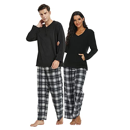 U2SKIIN Schlafanzug Damen Fleece Pyjama lang Karierte Schlafanzüge für Damen Kuschel Pyjama Set warme Nachtwäsche Loungwear (Schwarz/Weiß-Schwarz Kariert-W, S) von U2SKIIN