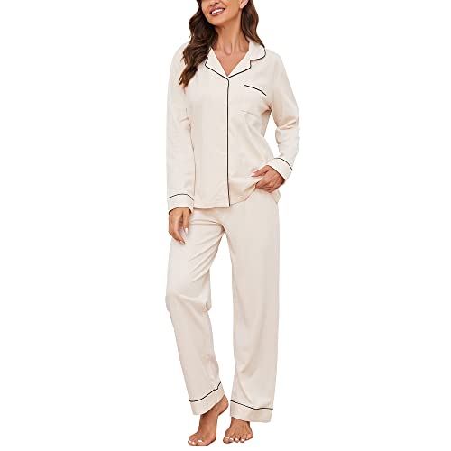 U2SKIIN Schlafanzug Damen lang 100% Baumwolle, Pyjama Damen weiche Pyjamas Set leichte Nachtwäsche Schlafanzüge für Frauen Zweiteiler Pyjama Set (Beige, XXL) von U2SKIIN