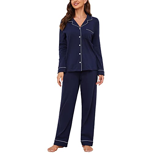 U2SKIIN Schlafanzug Damen lang 100% Baumwolle, Pyjama Damen weiche Pyjamas Set leichte Nachtwäsche Schlafanzüge für Frauen Zweiteiler Pyjama Set (Dunkelblau, M) von U2SKIIN